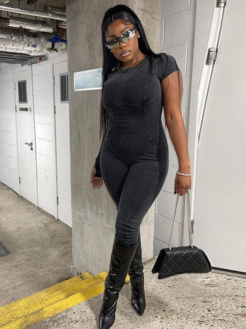 Yipinpay 2023 Slim Fit Denim Jumpsuits For Women Sport Short Sleeve Solid Playsuit Street Casual Mono Fiesta Para Mujer Elegante